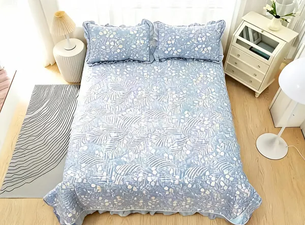 Poly_Cotton_Floral_Leafy_Print_Blue_Bedsheet_With_Pillow_Set