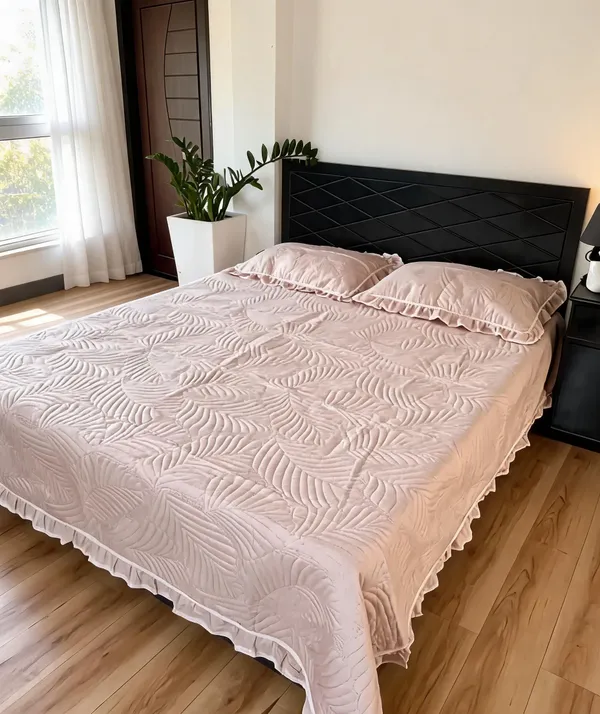 Poly_Cotton_Ruffle_Trim_Textured_Cream_White_Bedsheet_With_Pillow_Set