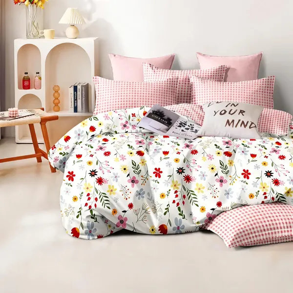 Polyester_Floral_Print_White_Pink_Quilted_Blanket_Set