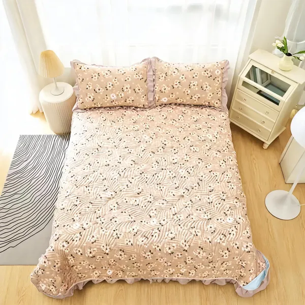Poly_Cotton_Floral_Leaf_Print_Beige_Bedsheet_With_Pillow_Set