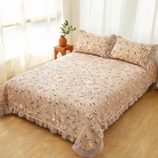 Poly_Cotton_Floral_Leaf_Print_Beige_Bedsheet_With_Pillow_Set