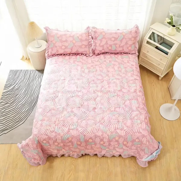 Poly_Cotton_Leaf_Print_Ruffled_Edge_Pink_Bedsheet_With_Pillow_Set