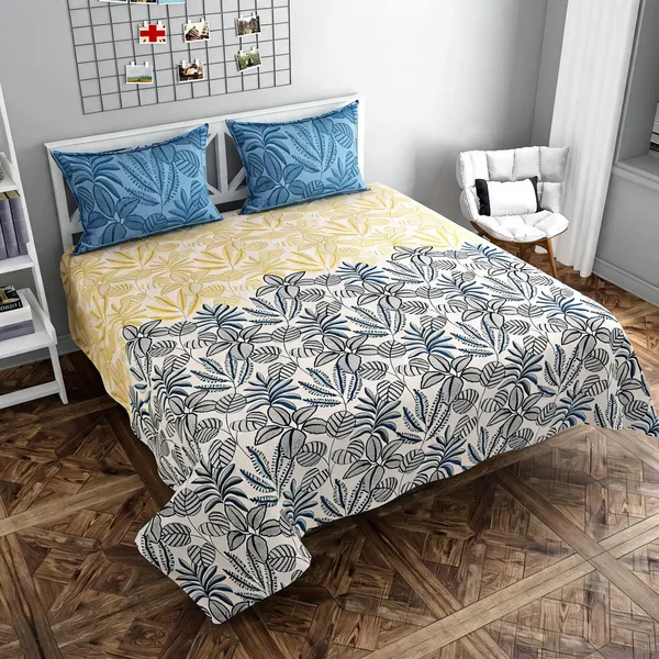 Poly_Cotton_Botanical_Leaf_Print_Yellow_Blue_Bedsheet_With_Pillow_Set