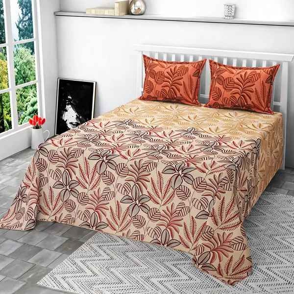 Poly_Cotton_Botanical_Leaf_Print_Orange_Mud_Bedsheet_With_Pillow_Set