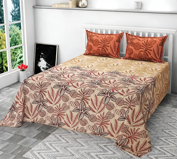 Poly_Cotton_Botanical_Leaf_Print_Orange_Mud_Bedsheet_With_Pillow_Set