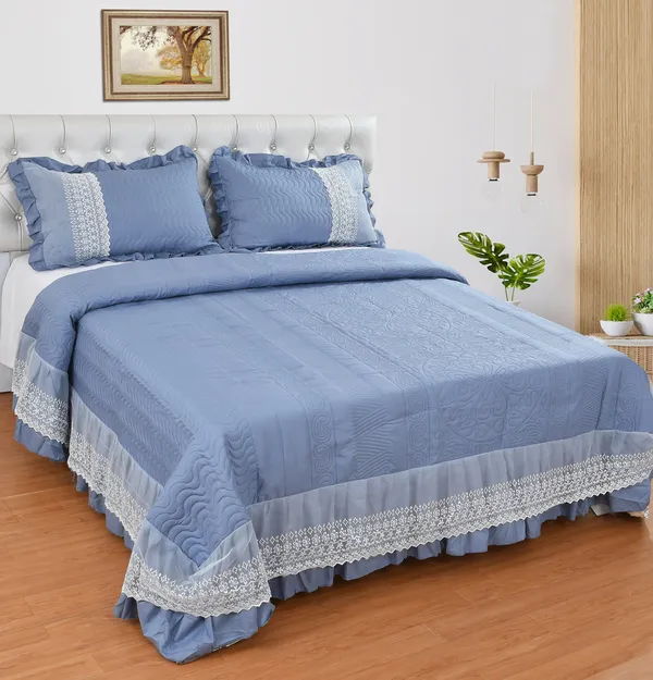 Poly_Cotton_Textured_Lace_Border_Blue_Bedsheet_With_Pillow_Set