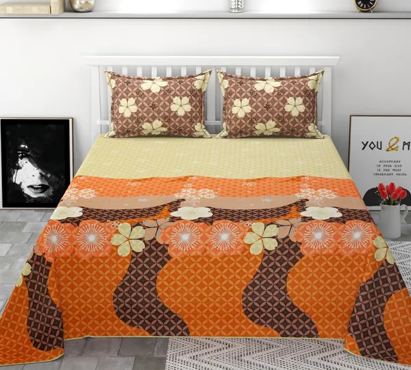 Poly_Cotton_Floral_Geometric_Print_Beige_Orange_Bedsheet_With_Pillow_Set
