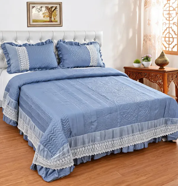 Poly_Cotton_Textured_Lace_Border_Blue_Bedsheet_With_Pillow_Set