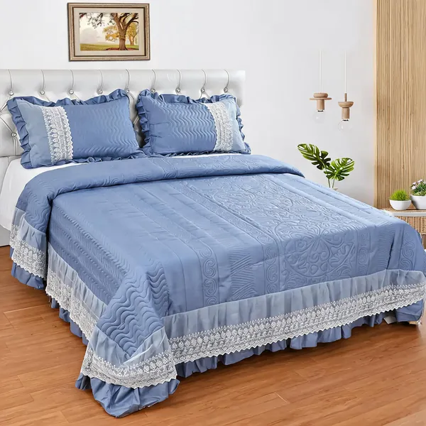 Poly_Cotton_Textured_Lace_Border_Blue_Bedsheet_With_Pillow_Set