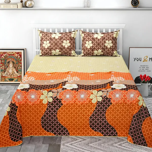 Poly_Cotton_Floral_Geometric_Print_Beige_Orange_Bedsheet_With_Pillow_Set