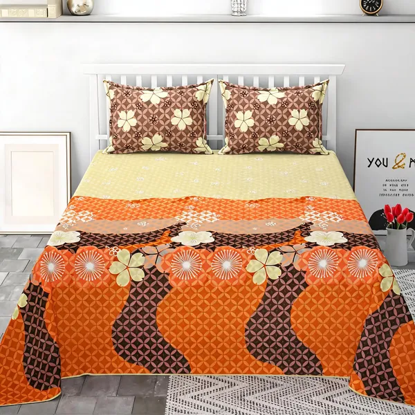 Poly_Cotton_Floral_Geometric_Print_Beige_Orange_Bedsheet_With_Pillow_Set