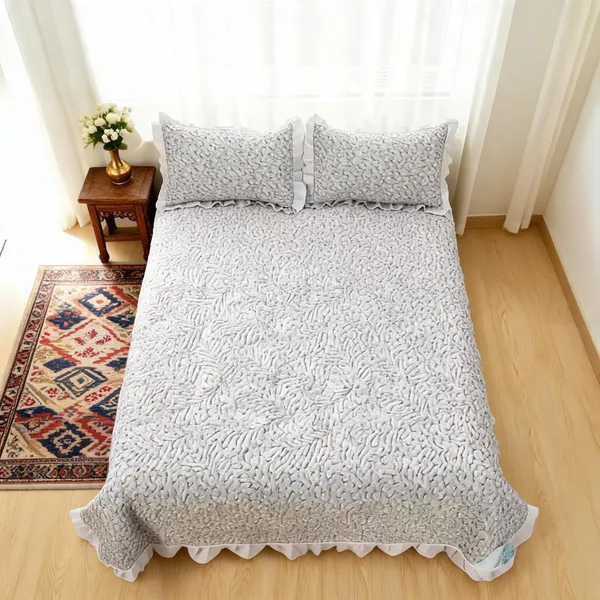 Poly_Cotton_Subtle_Textured_Grey_White_Bedsheet_With_Pillow_Set