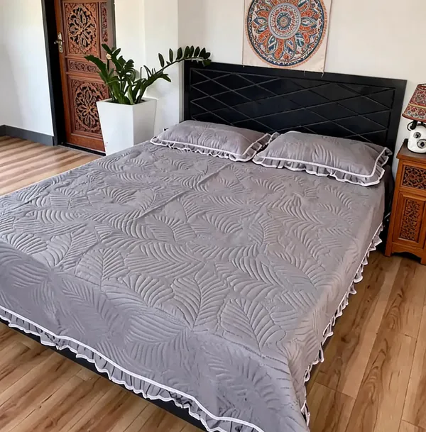 Poly_Cotton_Ruffled_Quilted_Leaf_Pattern_Grey_Bedsheet_With_Pillow_Set