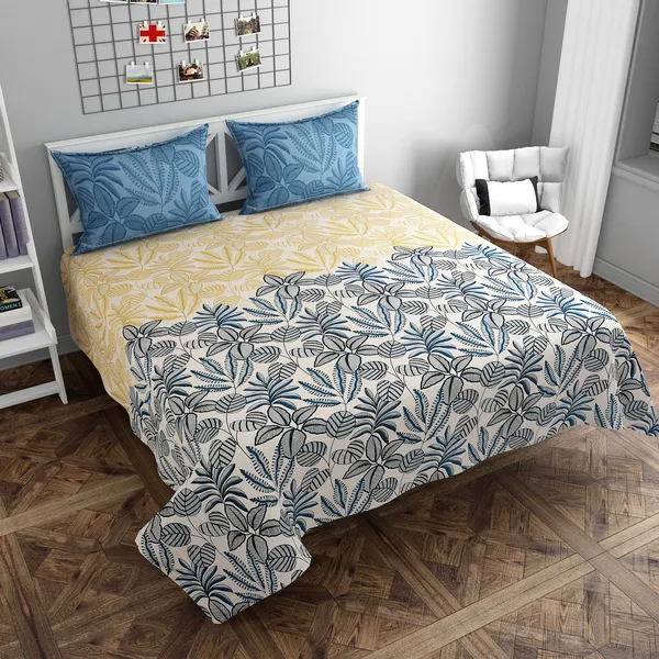 Poly_Cotton_Botanical_Leaf_Print_Yellow_Blue_Bedsheet_With_Pillow_Set
