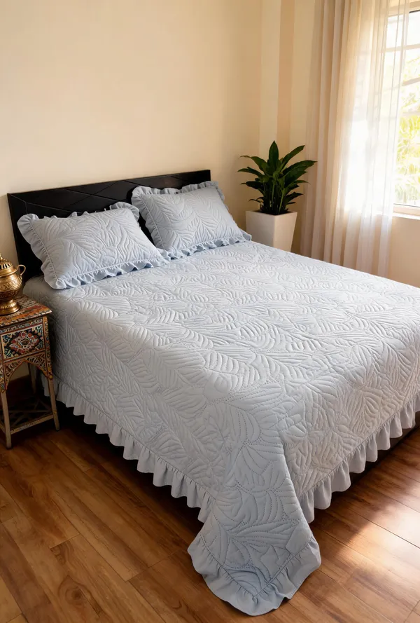 Polyester_Quilted_Leaf_Pattern_Grey_Blanket_Set