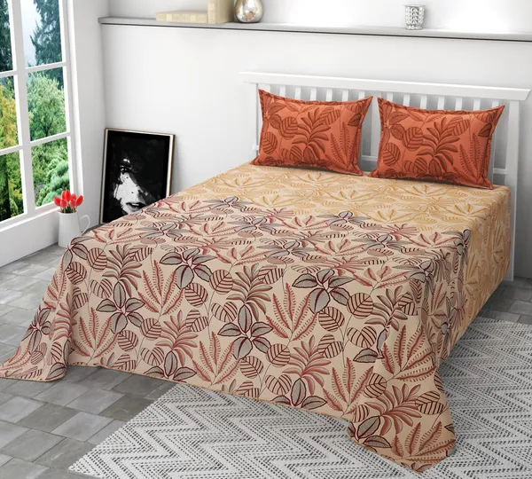 Poly_Cotton_Botanical_Leaf_Print_Orange_Mud_Bedsheet_With_Pillow_Set