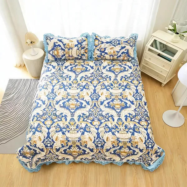 Poly_Cotton_Traditional_Floral_Ornamental_Print_Blue_Bedsheet_With_Pillow_Set