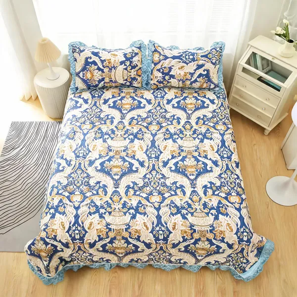Poly_Cotton_Traditional_Floral_Ornamental_Print_Blue_Bedsheet_With_Pillow_Set