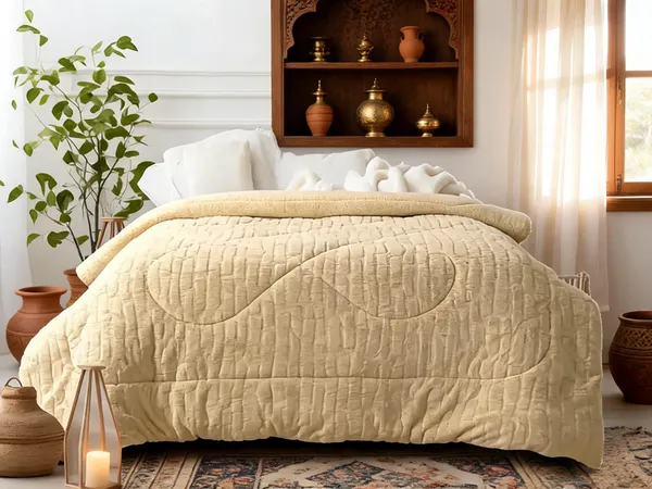 Polyester_Leaf_Quilted_Solid_Beige_Blanket_Set