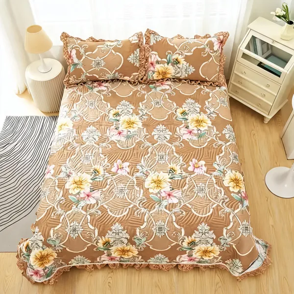 Poly_Cotton_Floral_Vine_Ornamental_Print_Beige_Bedsheet_With_Pillow_Set