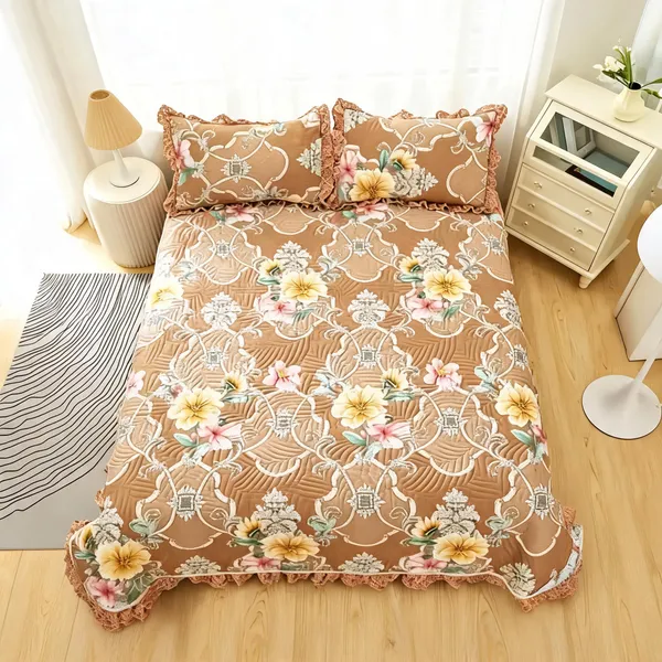 Poly_Cotton_Floral_Vine_Ornamental_Print_Beige_Bedsheet_With_Pillow_Set
