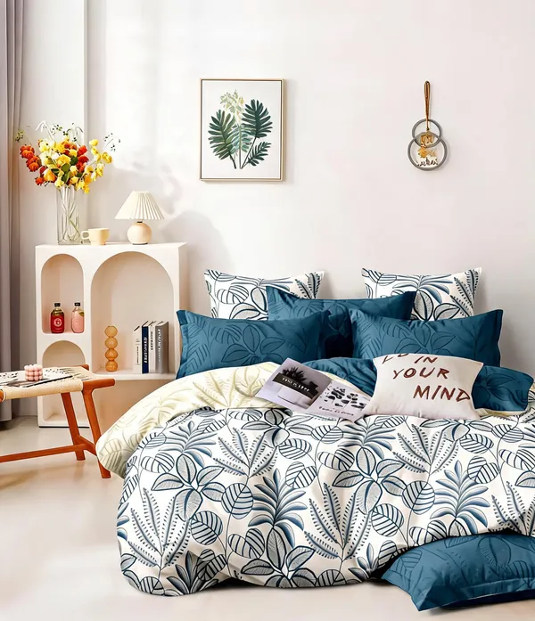 Polyester_Botanical_Leaf_Print_Blue_Green_Blanket_Set