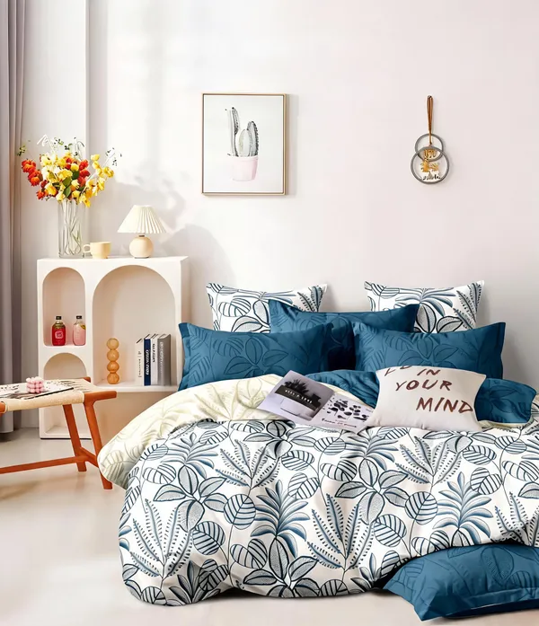 Polyester_Botanical_Leaf_Print_Blue_Green_Blanket_Set