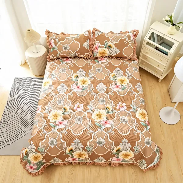 Poly_Cotton_Floral_Ornamental_Print_Beige_Brown_Bedsheet_With_Pillow_Set