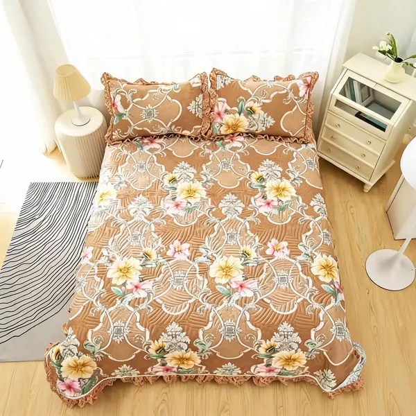 Poly_Cotton_Floral_Ornamental_Print_Beige_Brown_Bedsheet_With_Pillow_Set