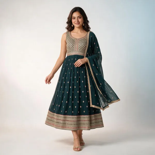 Teal_Floral_Anarkali_Dress_for_Girls