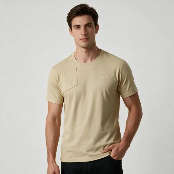 Beige_Casual_Round_Neck_T-Shirt_for_Men