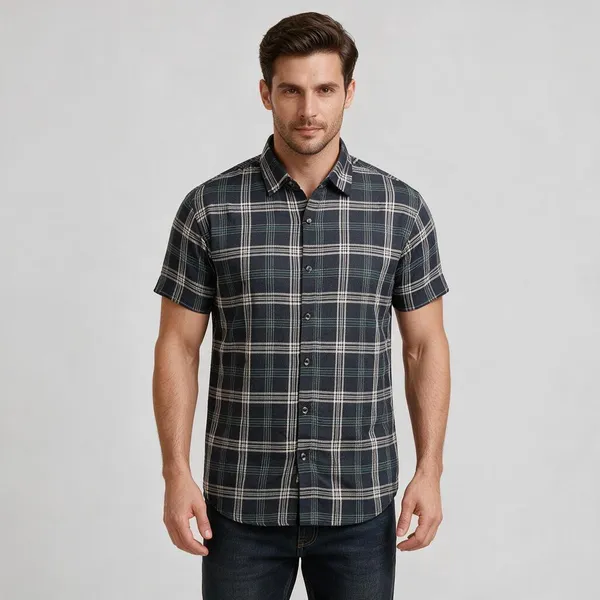 Navy_Plaid_Short_Sleeve_Shirt_for_Men