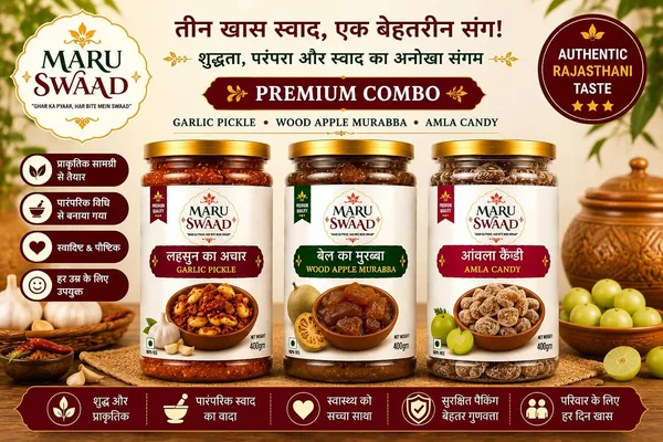 Maru_Swaad_Aamla_Candy_Bail_Ka_Murabba_Garlic_Pickle_Combo_Pack_Of_3_400_Grams_Each