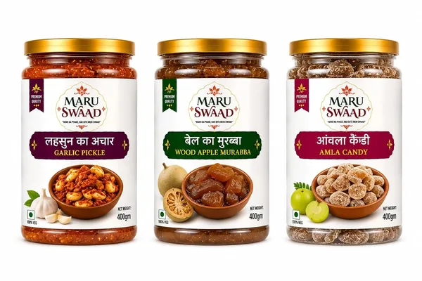 Maru_Swaad_Aamla_Candy_Bail_Ka_Murabba_Garlic_Pickle_Combo_Pack_Of_3_400_Grams_Each