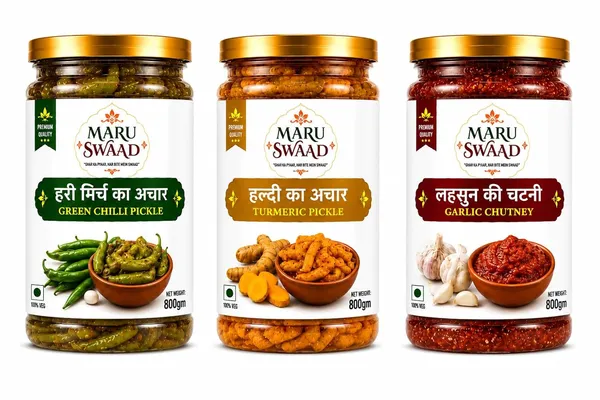 Maru_Swaad_Haldi_Garlic_Chutney_Green_Chillies_Pickle_Combo_Pack_Of_3_800_Grams_Each
