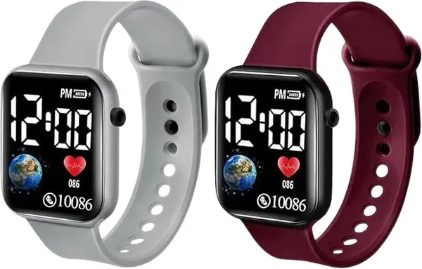 ZYVRA_Maroon,_Grey_Faux_Leather_Digital_Watch_For_Unisex