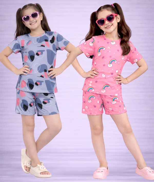 Cotton_Printed_Short_Sleeve_T-Shirt_&_Shorts_Set_For_Girls