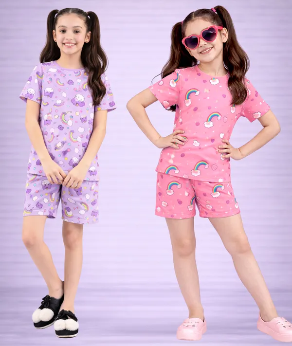 Pink_&_Purple_Cotton_Printed_T-Shirt_&_Shorts_Set_For_Girls