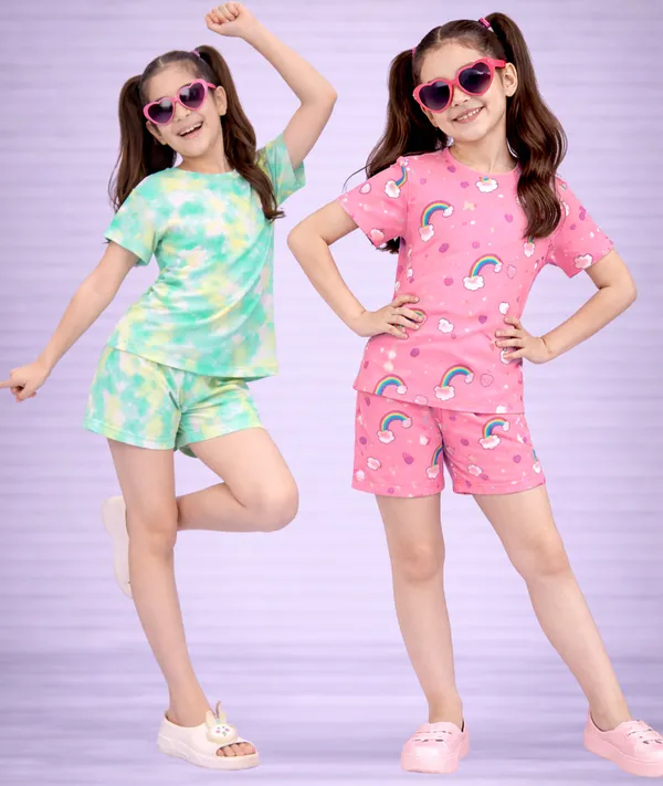 Pink_Green_Cotton_Printed_T-Shirt_&_Shorts_Set_For_Girls