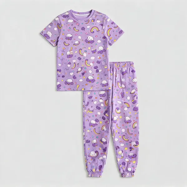 Purple_Cotton_Printed_Short_Sleeve_Pajama_Set_For_Girls