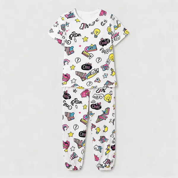 White_Cotton_Printed_Short_Sleeve_Pajama_Set_For_Girls