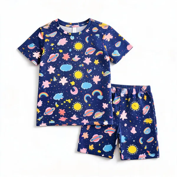 Navy_Cotton_Printed_T-Shirt_&_Shorts_Set_For_Girls