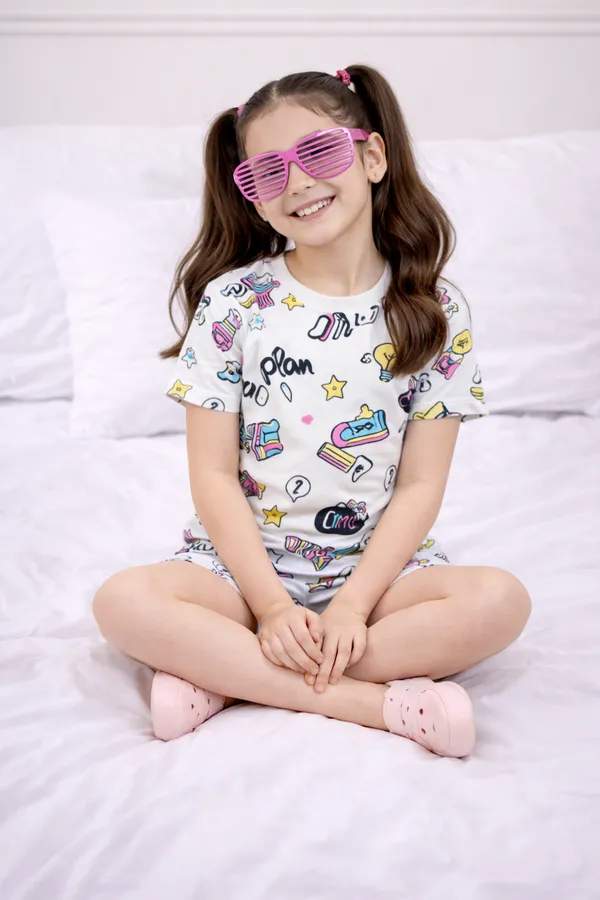 White_Cotton_Short_Sleeve_Printed_T-Shirt_&_Shorts_Set_For_Girls