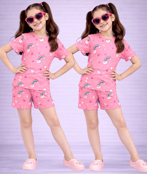 Pink_Cotton_Printed_T-Shirt_&_Shorts_Set_For_Girls