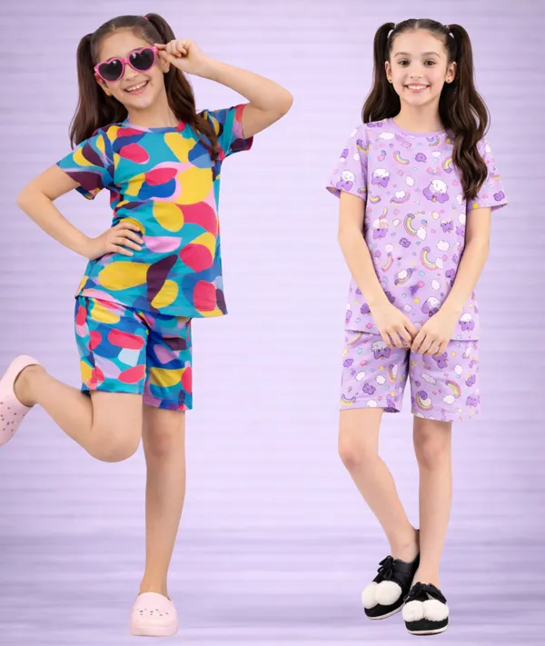 Multicolor_Cotton_Regular_Fit_Printed_T-Shirt_&_Shorts_Set_For_Girls