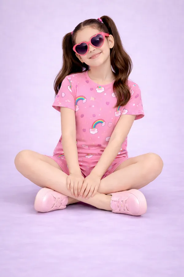 Pink_Cotton_Printed_T-Shirt_&_Shorts_Set_For_Girls