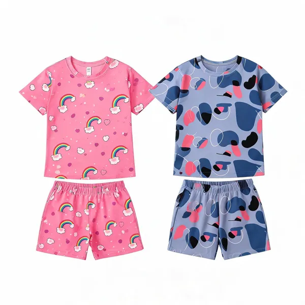 Pink_Blue_Cotton_Printed_T-Shirt_&_Shorts_Set_For_Girls