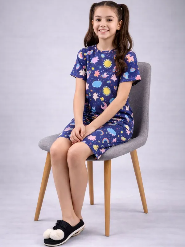 Blue_Printed_Short_Sleeve_Sleepwear_Set_for_Girls