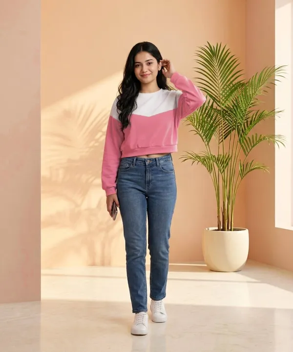 Pink_&_White_Cotton_Colorblock_Cropped_Sweatshirt_For_Women