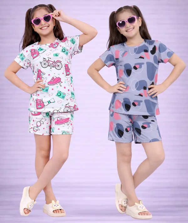 Multicolor_Cotton_Casual_Printed_T-Shirt_&_Shorts_Set_For_Girls